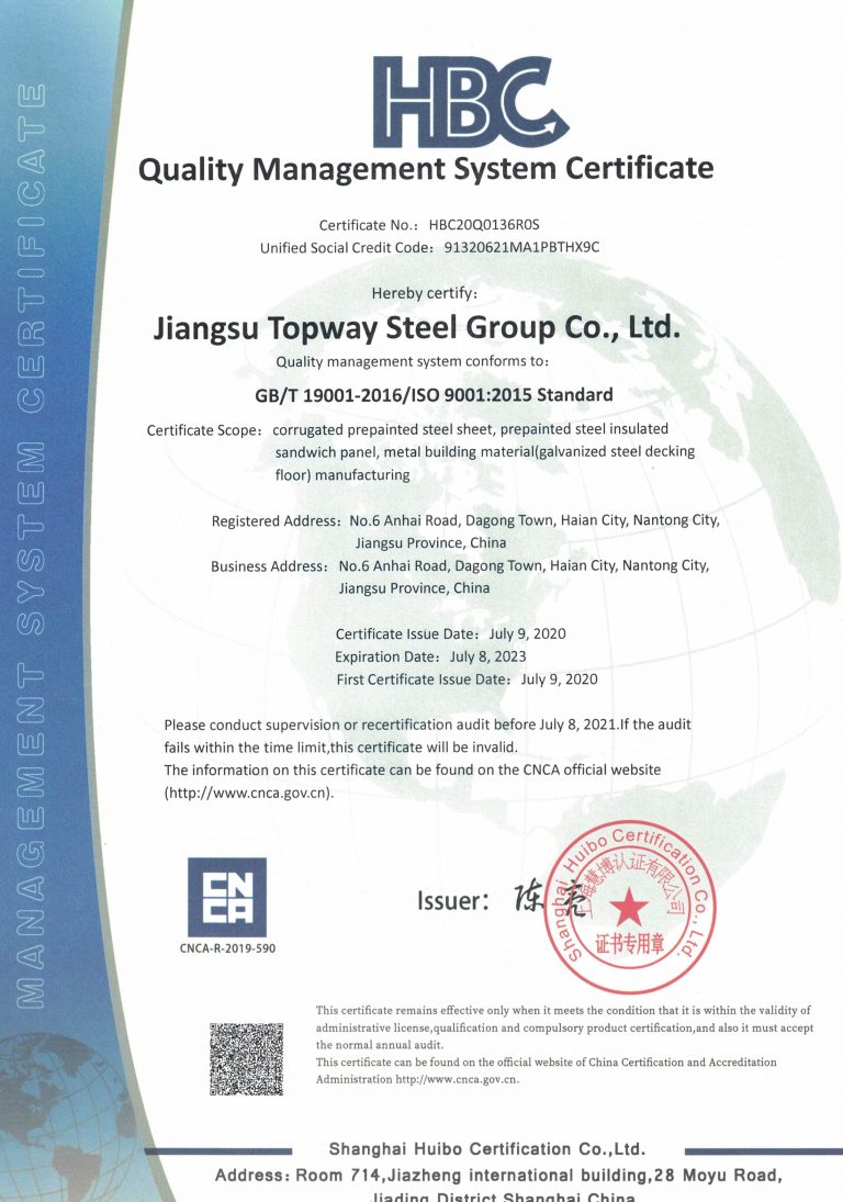 Jiangsu Topway Steel Group Co., Ltd. ISO9001 Certificate